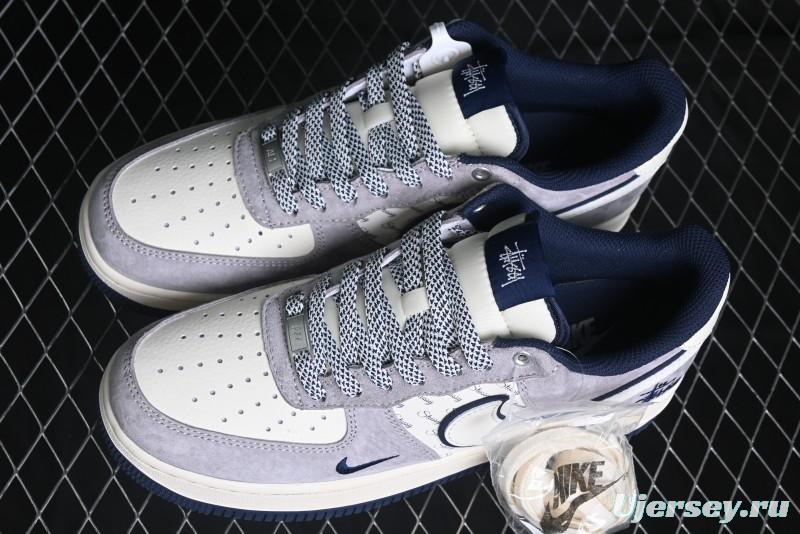 Nike Air Force 1 '07 Low Stussy Collaboration - Grey White with Blue Outsole Low-Top Casual Sneakers - SJ6698-006