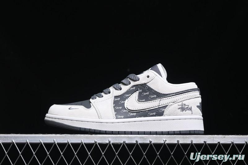 Nike Air Jordan 1 Low Stussy Collaboration - Grey Pigskin Black Base Retro Basketball Shoes - XX3318-968
