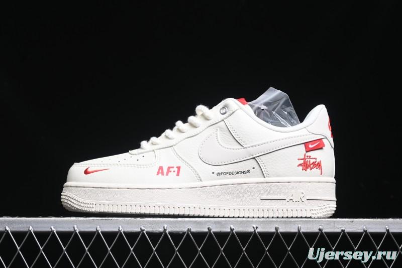 Nike Air Force 1 '07 Low Stussy Collaboration - AF1 White Red Label Low-Top Casual Sneakers - SJ6698-016