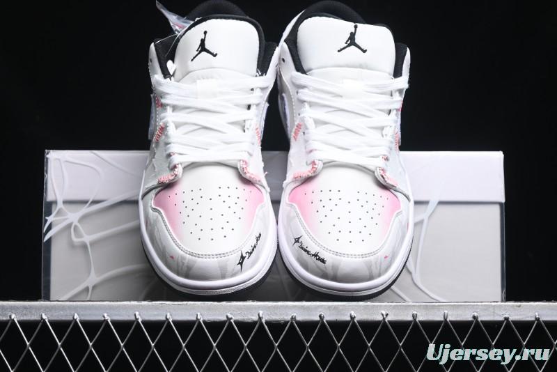 Nike Air Jordan 1 Low Retro Basketball Shoes - Panda Mischief Qixi Theme with Special Graffiti Design - 553558-132