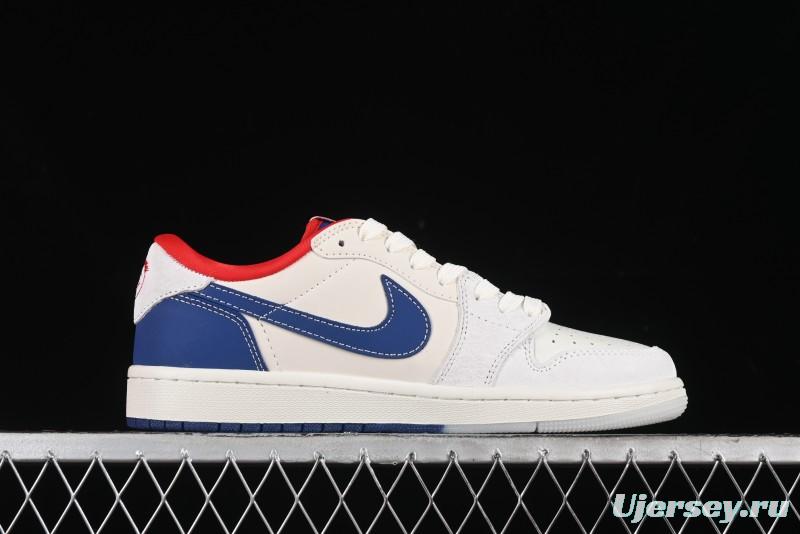 Nike Travis Scott x Fragment Design x Air Jordan 1 Low OG SP AJ1 Supreme Collaboration - Blue White Colorway Low Top Casual Sneakers CH6336-016