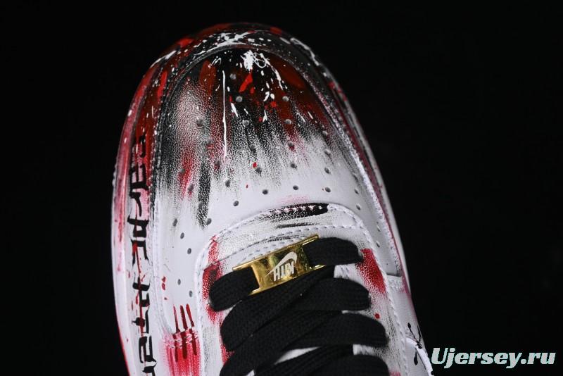 Nike Air Force 1 '07 Low Casual Sneakers with 2D Black and White Hand-Painted Blood Night Stitching Design - CW8822-011
