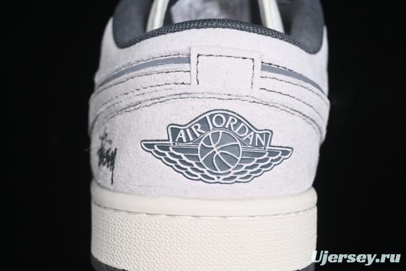 Nike Air Jordan 1 Low AJ1 Stussy Collaboration - Premium Customized Pigskin Grey Line Retro Basketball Shoes - DM9188-005