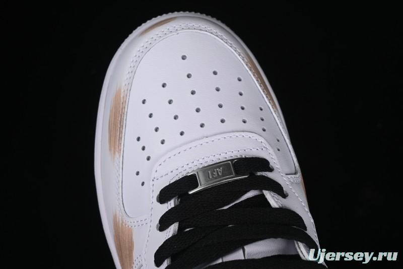 Nike Air Force 1 '07 Mid Hand-Painted White Black Brown with Swoosh Shadow Strap Mid-Top Casual Sneakers - CW2289-111