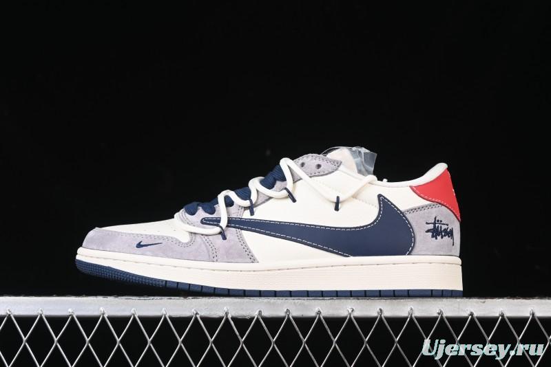 Nike Travis Scott x Fragment Design x Air Jordan 1 Low OG SP AJ1 Stussy Collaboration - Grey Blue Hook Lace Low Top Casual Sneakers - SJ0086-140