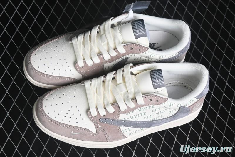Nike Travis Scott x Fragment Design x Air Jordan 1 Low OG SP AJ1 OF Collaboration - Latte Grey Low Top Casual Sneakers - SJ2068-109