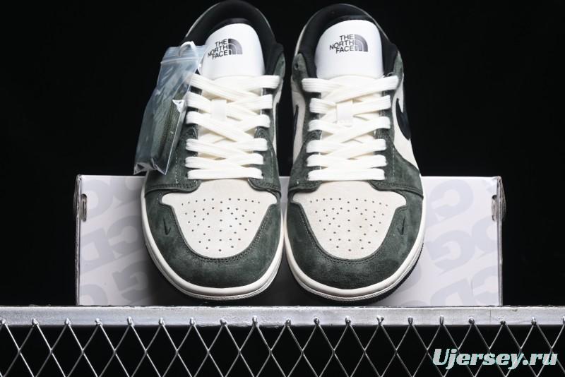 Nike Air Jordan 1 Low AJ1 The North Face Collaboration - Custom Premium Pigskin Dark Green Retro Basketball Shoes - DM9188-004