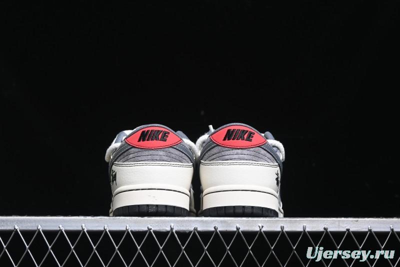 Nike SB Dunk Low Stussy Collaboration - Lace-Up Grey White Grey Check Anniversary High-End Custom Low-Top Casual Skate Shoes - YX5066-207