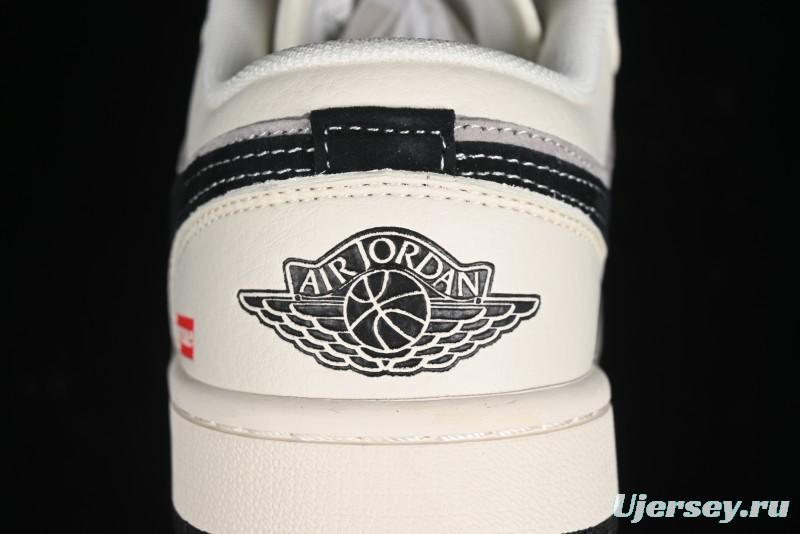 Nike Air Jordan 1 Low Supreme Collaboration - Dual-Tone Black Swoosh Custom Retro Basketball Shoes - SJ9950-043