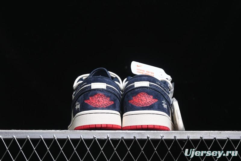 Nike Air Jordan 1 Low Stussy Collaboration - Blue Red Custom High-End Retro Basketball Shoes - SJ9950-049