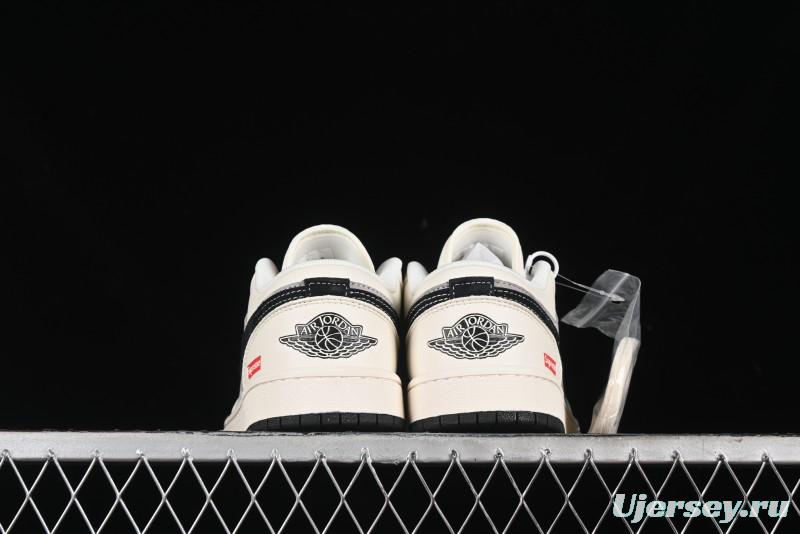 Nike Air Jordan 1 Low Supreme Collaboration - Dual-Tone Black Swoosh Custom Retro Basketball Shoes - SJ9950-043