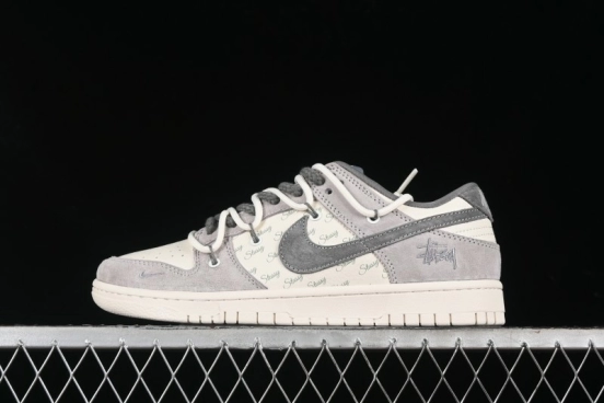 Nike SB Dunk Low Stussy Collaboration - Strap Grey Embroidered Swoosh Anniversary Custom Low-Top Casual Skate Shoes - SJ2068-307