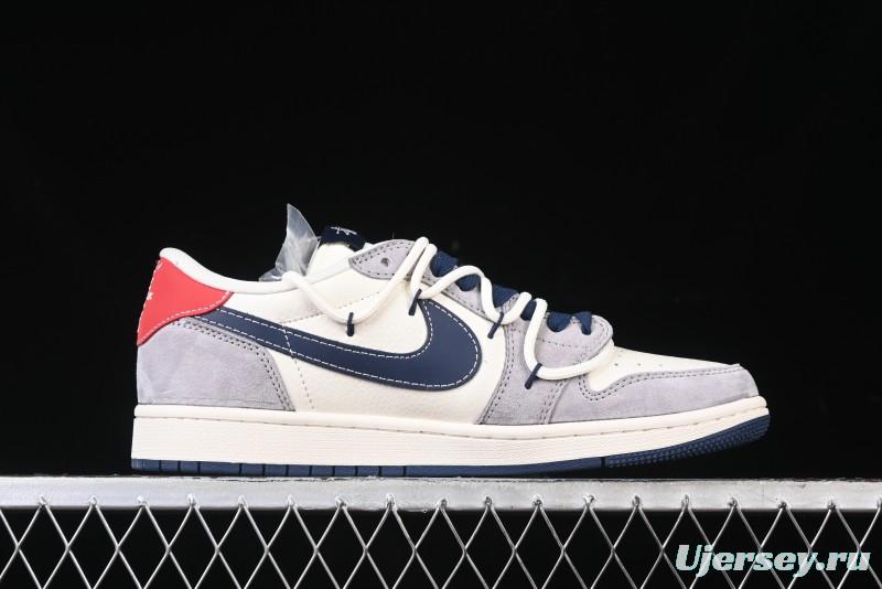 Nike Travis Scott x Fragment Design x Air Jordan 1 Low OG SP AJ1 Stussy Collaboration - Grey Blue Hook Lace Low Top Casual Sneakers - SJ0086-140