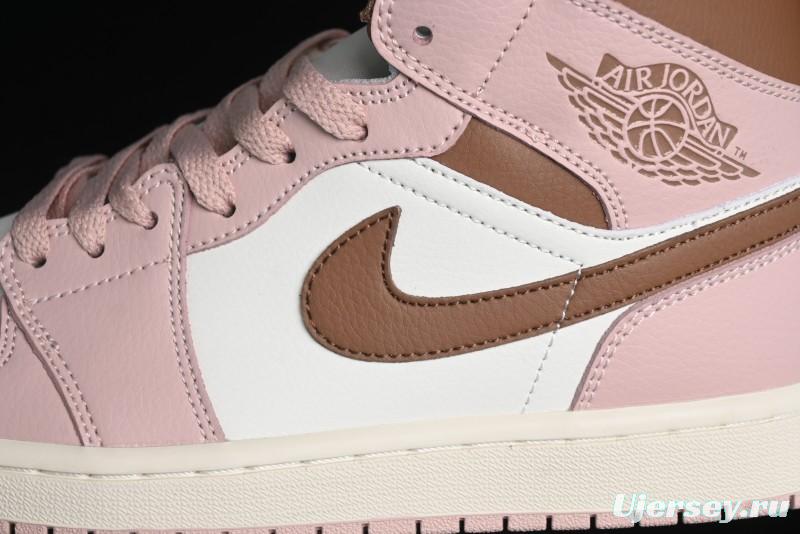 Nike Air Jordan 1 Mid AJ1 Basketball Shoes in Khaki Pink - BQ6472-620