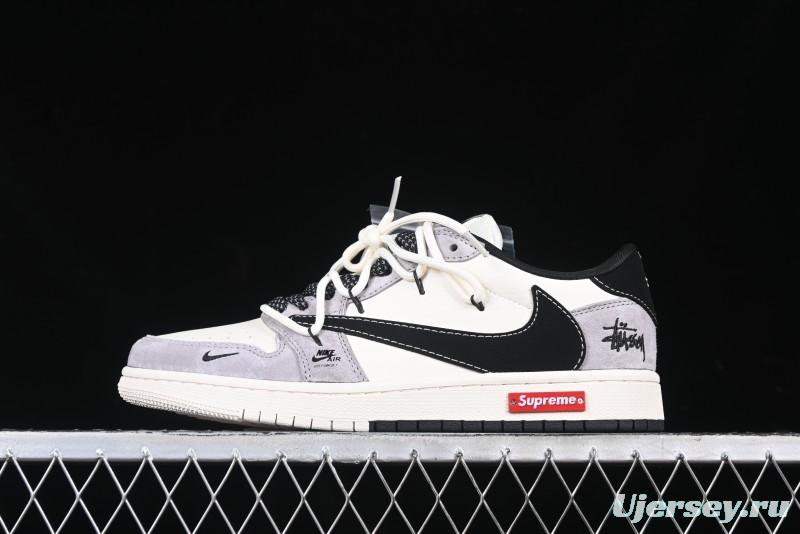 Nike Travis Scott x Fragment Design x Air Jordan 1 Low OG SP AJ1 Stussy Collaboration - Black Hook Dual-Tone Drawstring Low-Top Casual Sneakers - SJ0086-139