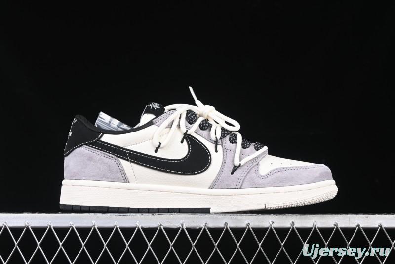 Nike Travis Scott x Fragment Design x Air Jordan 1 Low OG SP AJ1 Stussy Collaboration - Black Hook Dual-Tone Drawstring Low-Top Casual Sneakers - SJ0086-139