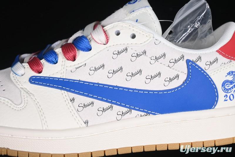 Nike Travis Scott x Fragment Design x Air Jordan 1 Low OG SP AJ1 Snake Year Limited Blue Swoosh Gum Sole Low-top Casual Sneakers - XS3086-011