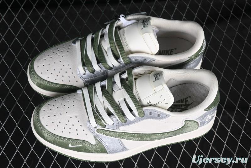Nike Travis Scott x Fragment Design x Air Jordan 1 Low OG SP AJ1 Retro Sneakers in Green Suede - DM9288-012