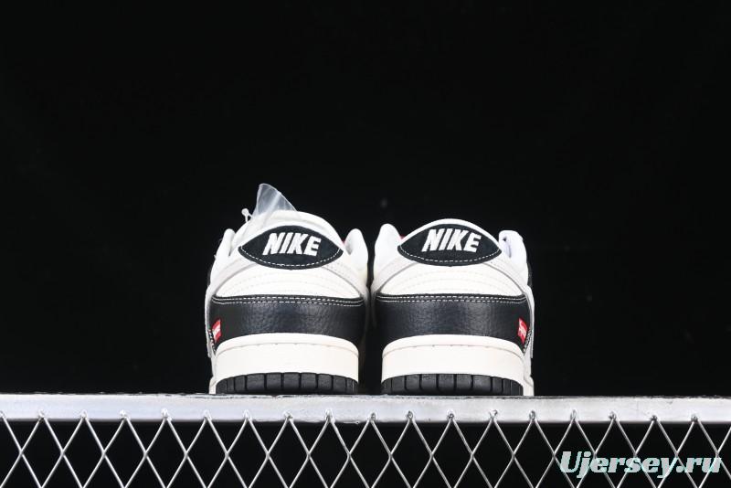 Nike SB Dunk Low Supreme Collaboration - Black Leather Texture Anniversary High-End Custom Low-Top Casual Skate Shoes - XS1086-020