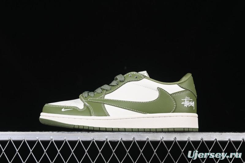 Nike Travis Scott x Fragment Design x Air Jordan 1 Low OG SP AJ1 Stussy Collaboration Bamboo Green Low-Top Casual Sneakers - BB1199-201