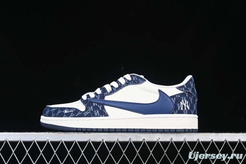 Nike Travis Scott x Fragment Design x Air Jordan 1 Low OG SP AJ1 MLB Collaboration White Blue Denim Low-top Casual Sneakers - DM7866-051