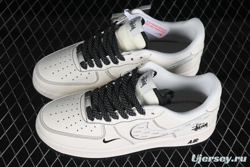 Nike Air Force 1 '07 Low Stussy Collaboration Beige Black Floral Swoosh Casual Sneakers - HH7518-040