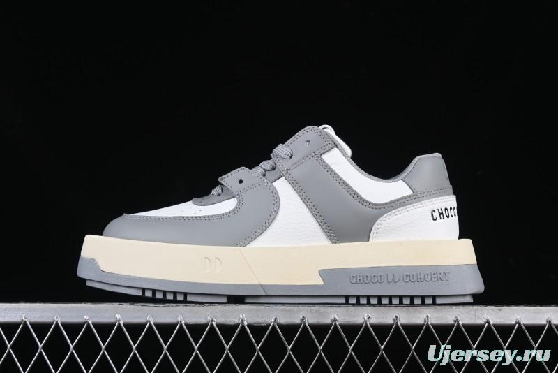 Choco Concert Leather Round Square Asymmetric Fashion Sneakers White Gray - AJE5