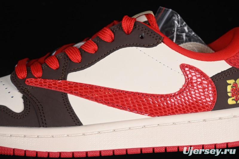 Nike Travis Scott x Fragment Design x Air Jordan 1 Low OG SP AJ1 Snake Year Limited Edition Snake Scale Red Hook Low Top Lifestyle Casual Sneakers - CH6336-020