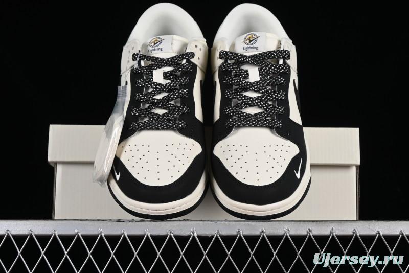 Nike SB Dunk Low Lightning Collaboration - Off White Black Colorway with Mini Swoosh Anniversary Custom Edition Low Top Casual Skate Shoes - XD1688-028
