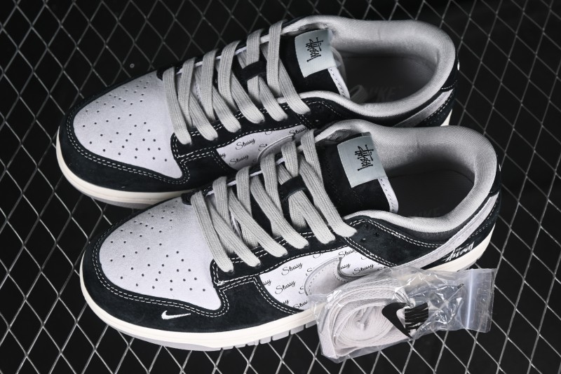 Nike SB Dunk Low Stussy Collaboration - Black Grey Pig Leather Anniversary Custom Edition Low-Top Casual Sneakers - XX3168-008