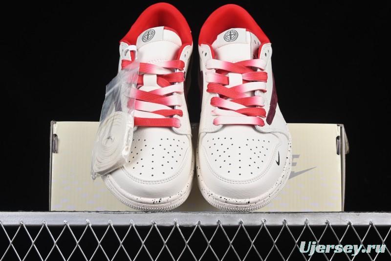 Nike Travis Scott x Fragment Design x Air Jordan 1 Low OG SP AJ1 Stone Island Collaboration Pomegranate Red Low-Top Casual Sneakers - CF3688-077