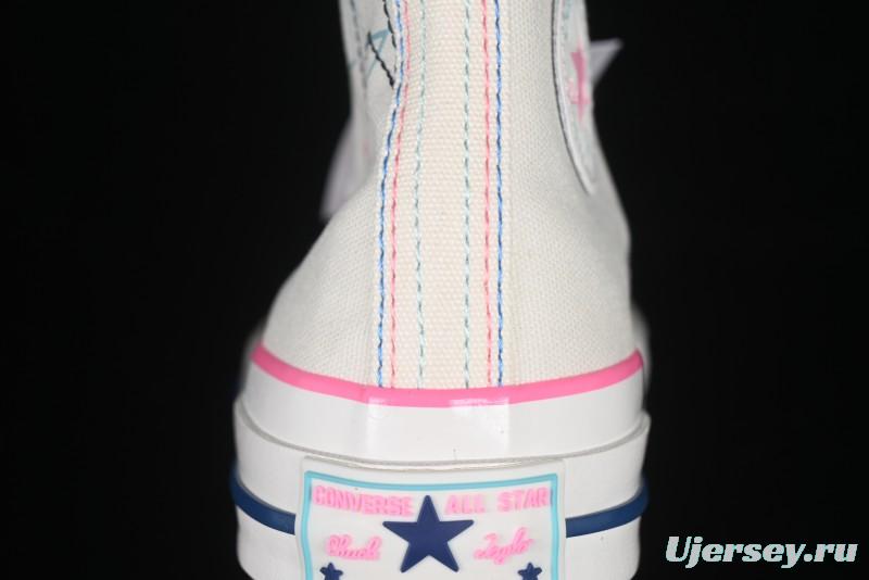 Converse Chuck 1970s High Top Casual Sneakers with Star Stitching and White-Pink-Blue Mismatched Design - A15744C