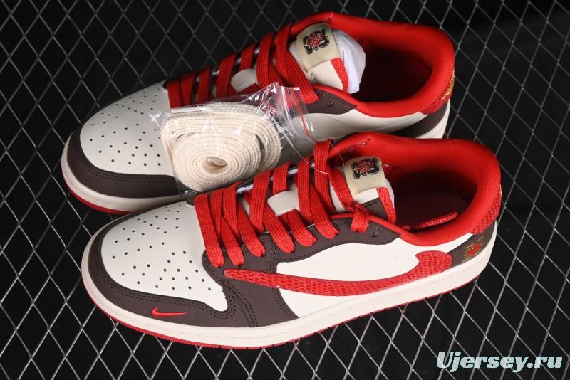 Nike Travis Scott x Fragment Design x Air Jordan 1 Low OG SP AJ1 Snake Year Limited Edition Snake Scale Red Hook Low Top Lifestyle Casual Sneakers - CH6336-020