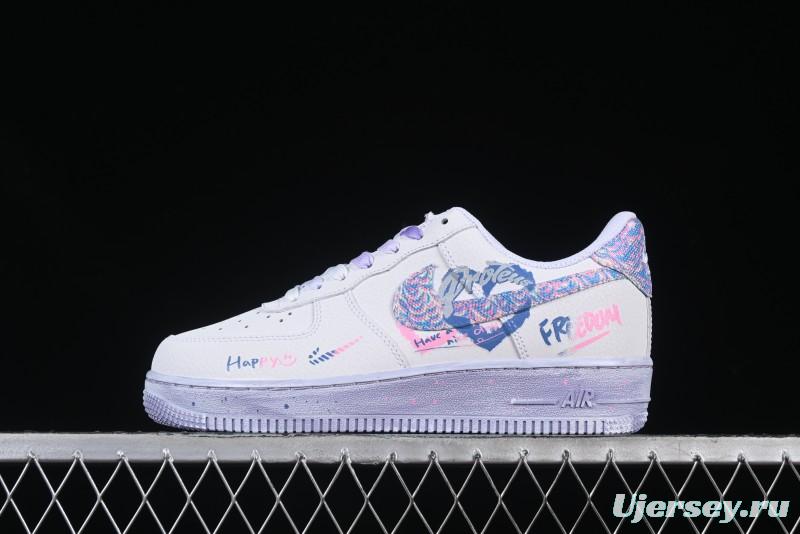 Nike Air Force 1 '07 Low Double Hearts Casual Sneakers with Hand-Drawn Anime Doodle and Pink Blue Hearts - CZ0377-002