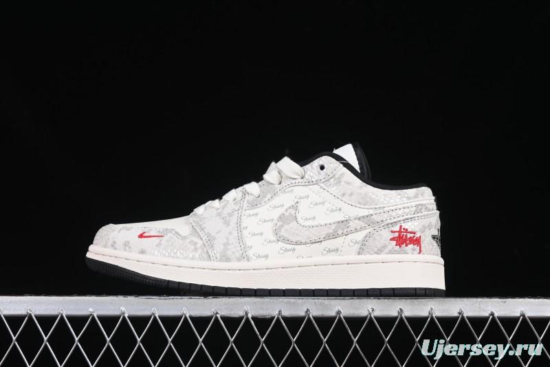 Nike Air Jordan 1 Low Retro Basketball Shoes - Stussy Grey Snake Custom - FC1688-200