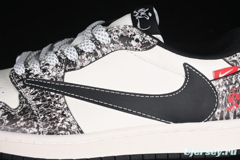 Nike Travis Scott x Fragment Design x Air Jordan 1 Low OG SP AJ1 Snake Year Limited Python Texture Low-top Casual Sneakers - SJ2068-144