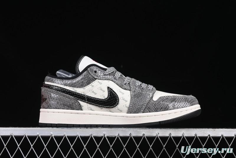 Nike Air Jordan 1 Low Retro Basketball Shoes with Custom Stussy Grey Snake Design - FC1688-202