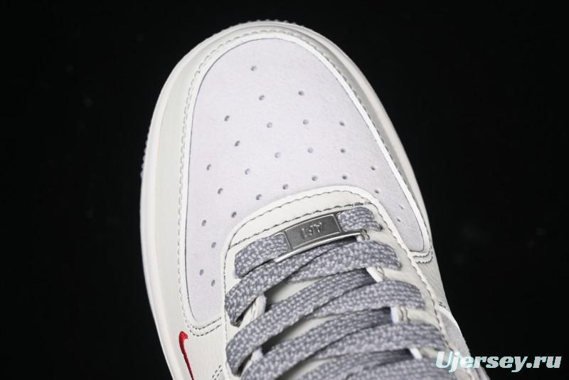 Nike Air Force 1 '07 Low Supreme Collaboration Beige Grey with Red Swoosh Casual Sneakers - BB7518-011