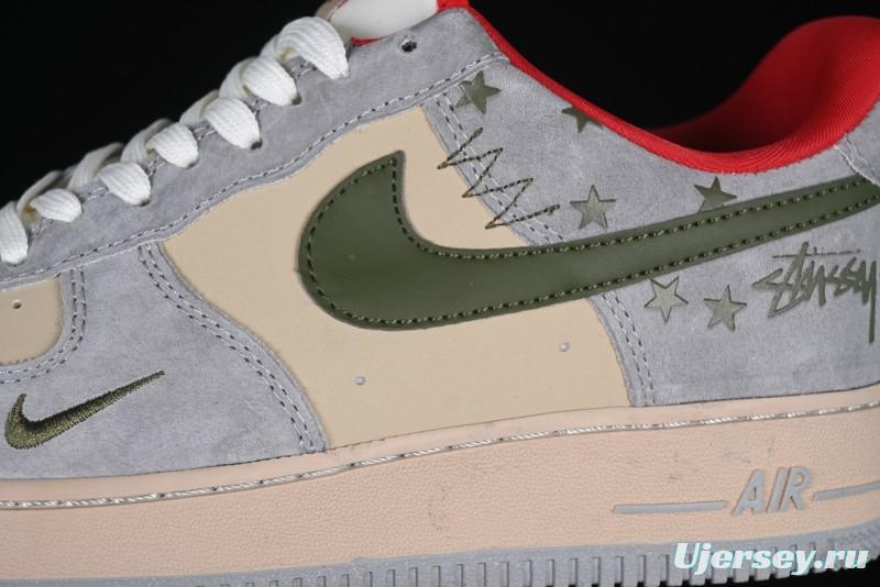 Nike Air Force 1 '07 Low Stussy Collaboration Olive Green Star Low-Top Casual Sneakers - KK1988-034