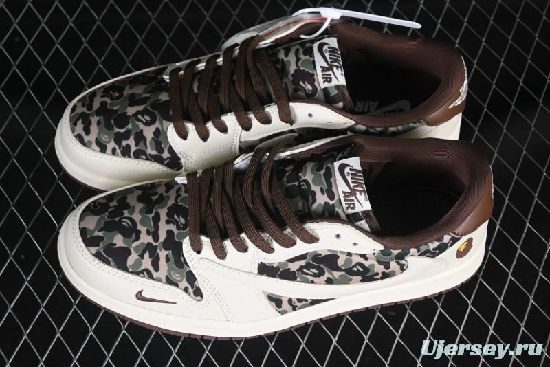 Nike Travis Scott x Fragment Design x Air Jordan 1 Low OG SP AJ1 Bape Collaboration Beige Camo Low-Top Casual Sneakers - XS2024-019