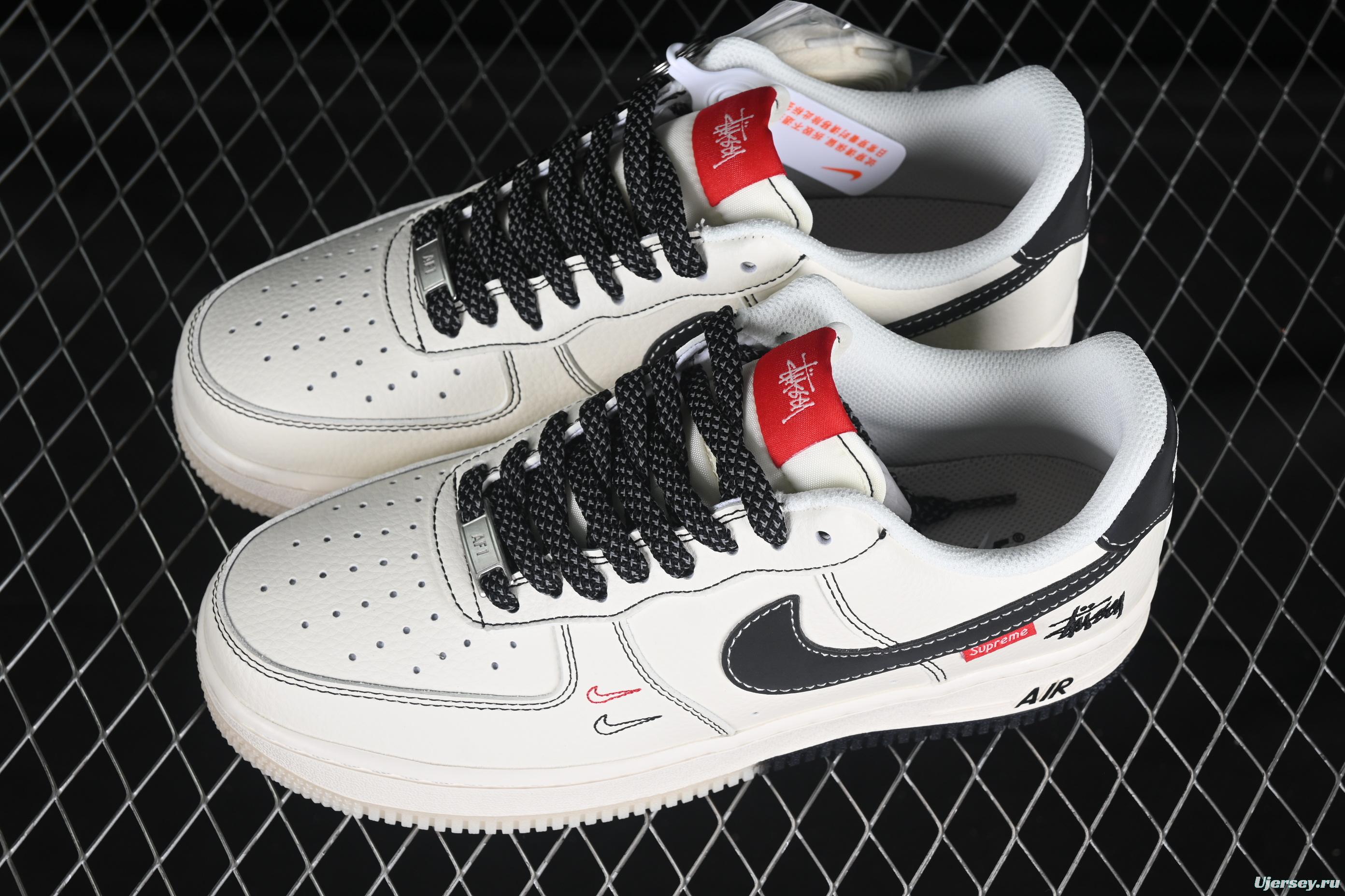 Nike Air Force 1 '07 Low Stussy Collaboration Black Dual-Tone Embroidery Casual Sneakers - HH7518-036