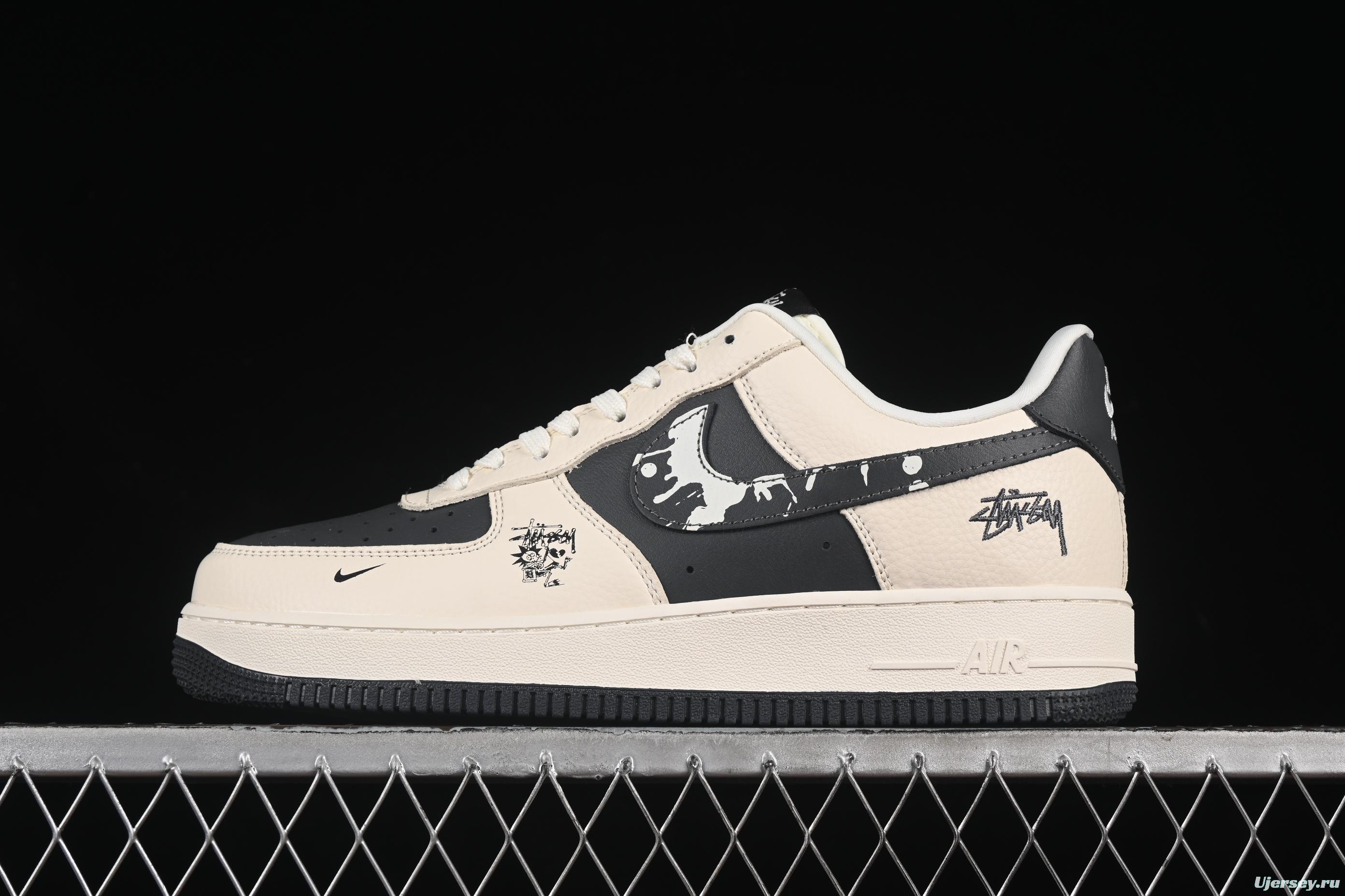 Nike Air Force 1 '07 Low Stussy Collaboration Beige Black Splatter Swoosh Casual Sneakers - DF0188-042