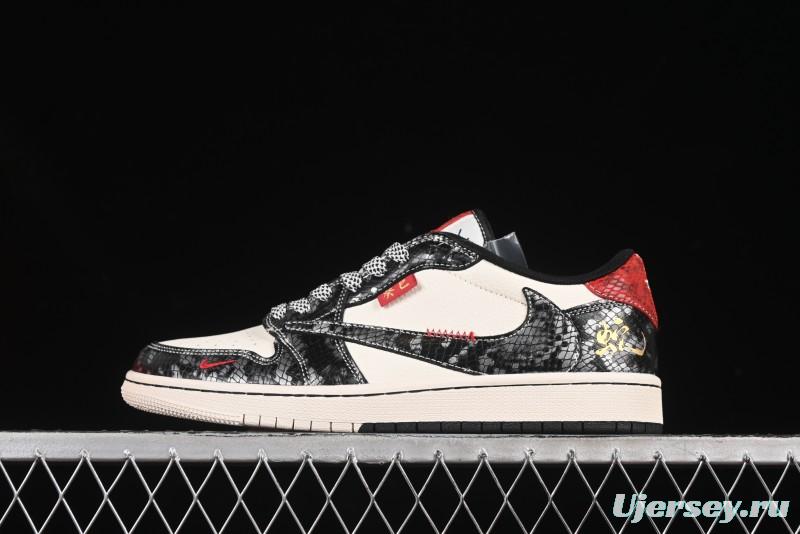 Nike Travis Scott x Fragment Design x Air Jordan 1 Low OG SP AJ1 Snake Year Limited Two-Tone Gloss Black Low-Top Casual Sneakers - YX5066-307
