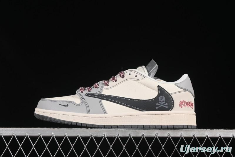 Nike Travis Scott x Fragment Design x Air Jordan 1 Low OG SP AJ1 Stussy Collaboration Black Hook Skull Low Top Casual Sneakers - JJ2508-553