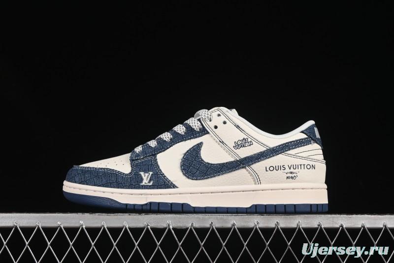 Nike SB Dunk Low LV Series Denim Blue Swoosh Anniversary High-End Custom Low-Top Casual Skate Shoes - FC1688-221