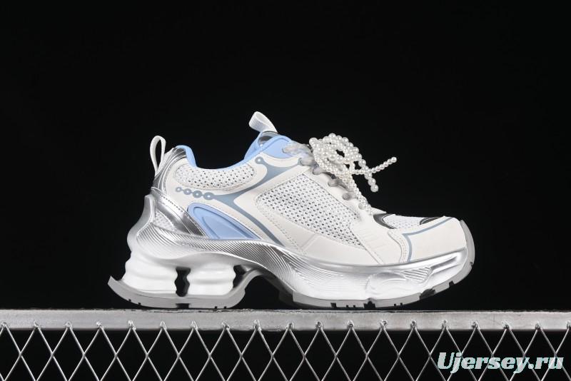GG-CC Star Same Style Lace-Up Hollow Out Dad Shoes with 5cm Hidden Height Increase - G25X269 White Blue