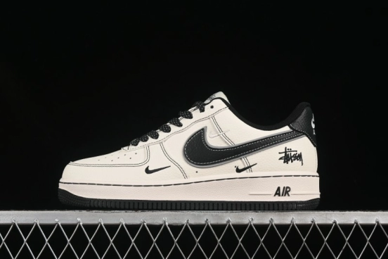 Nike Air Force 1'07 Low Stussy Collaboration Black Swoosh Casual Sneakers - HH7518-059