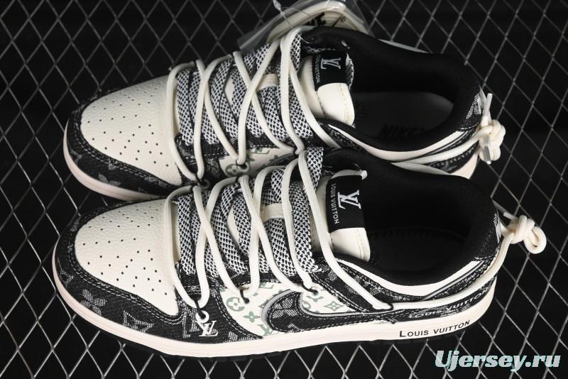 Nike SB Dunk Low LV Collaboration Strap Black Denim Print Anniversary High-End Custom Low-Top Casual Skate Shoes - YX5066-320