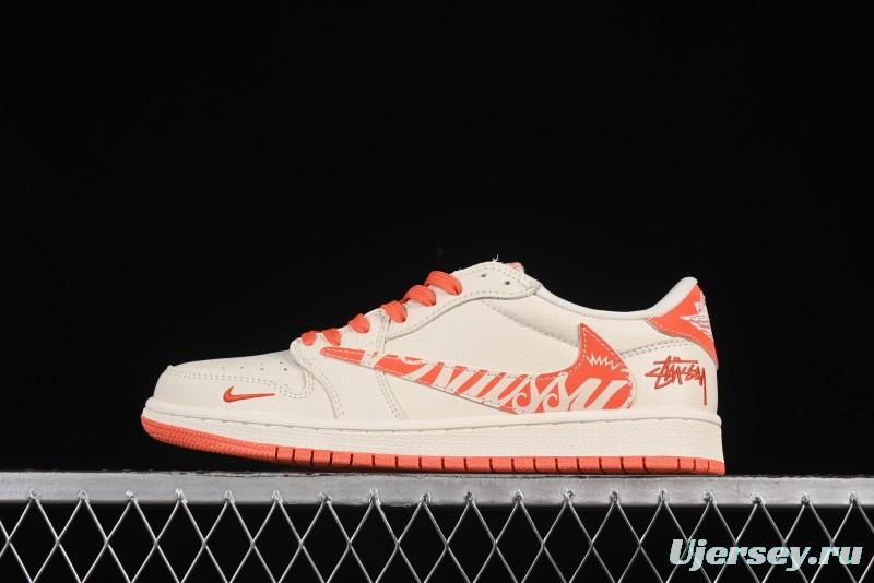 Nike Travis Scott x Fragment Design x Air Jordan 1 Low OG SP AJ1 Stussy Collaboration Summer Orange Low-Top Casual Sneakers - LD2025-020