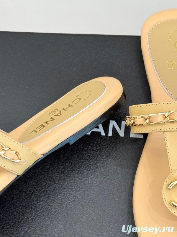 2025 Women Chanel Beige Lambskin Chain Toe Post Sandals KFY00250